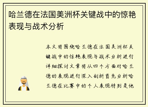 哈兰德在法国美洲杯关键战中的惊艳表现与战术分析