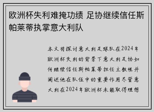 欧洲杯失利难掩功绩 足协继续信任斯帕莱蒂执掌意大利队