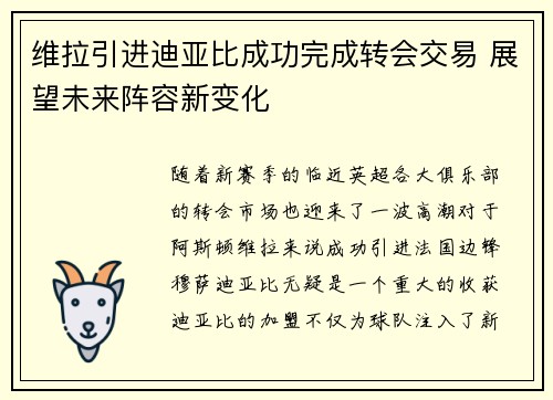 维拉引进迪亚比成功完成转会交易 展望未来阵容新变化